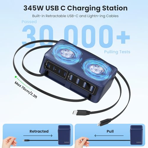 345W USB C Charger 10 in 1 Retractable Wall Charger with 2 Cables