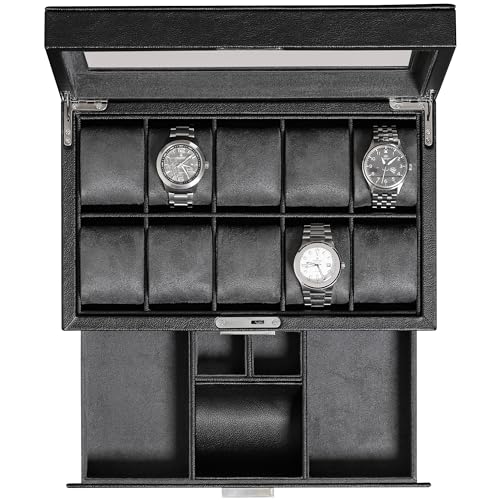 10 Slot Watch Box in Leather with Valet Drawer