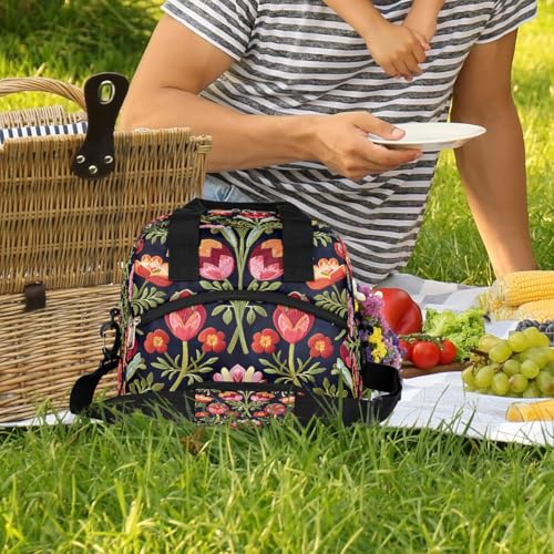 Red Flower Floral Insulated Lunch Bag for Women Girl Reusable Lunch Tote Box With Shoulder Strap Lightweight Thermal Cooler Meal Prep Bag for Work School Office Picnic (A05:flower)