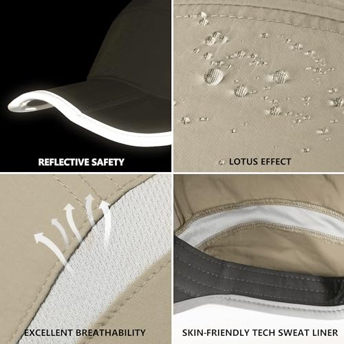 Baseball Cap Nylon Running Cap Outdoor Sports Hat for Men Women Adjustable Quick Drying Reflective Foldable UPF50+ Breath Mesh Water Repellency Race Performance Lightweight Khaki
