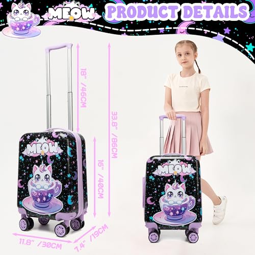 Cute Black Cat Kid's Luggage Set 2 Piece Suitcase Set 16" Hardside Luggage with Spinner Wheels Girls Carry on Toddler Travel Rolling Luggage Airline Approved (2 Count)