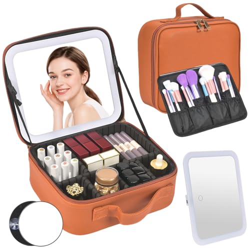 Travel Makeup Bag with Mirror & 6 Adjustable EVA Dividers