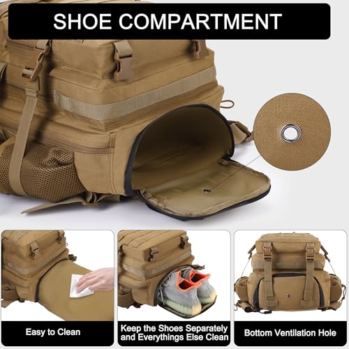 Military Tactical Backpack for Men and Women 45L Army 3 Days Assault Pack Bag Large Rucksack with Shoe Compartment