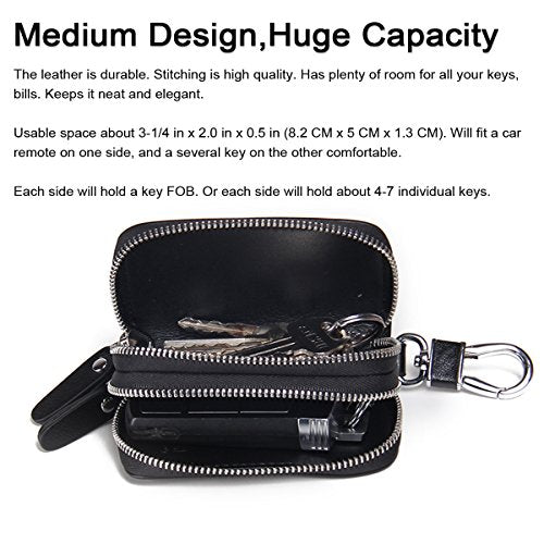 Genuine Leather Car Key Keychain Holder Metal Hook and Keyring Zipper
