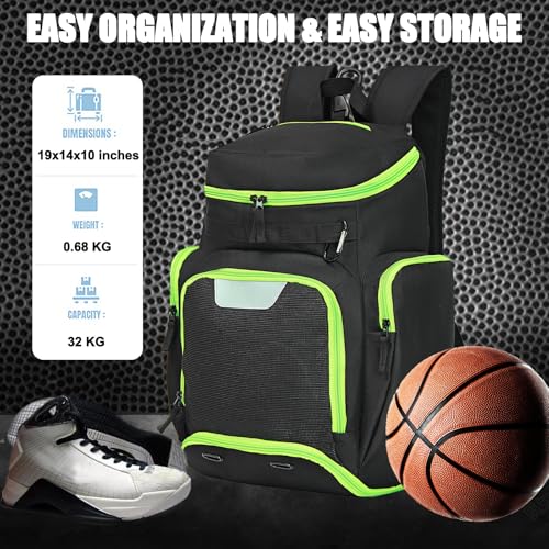 Large Basketball Backpack Sports Gym Bag with Ball Holder Ventilated Shoe Compartment Insulated Cooler Pockets Reflective Strips Fence Hook for Men Athletic Training