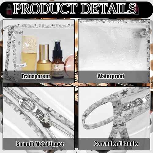 12 Pieces Large Clear Makeup Bag PVC Portable Travel Makeup Cosmetic Toiletry Zippered Pouches Waterproof Vinyl Plastic Clear Organizer Storage Case (12 Count)