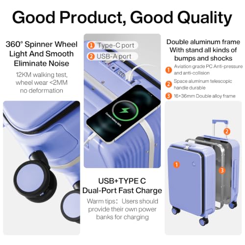 Carry On Luggage with Cup Phone Holder and Charger Hard Shell Suitcases with Spinner Wheels