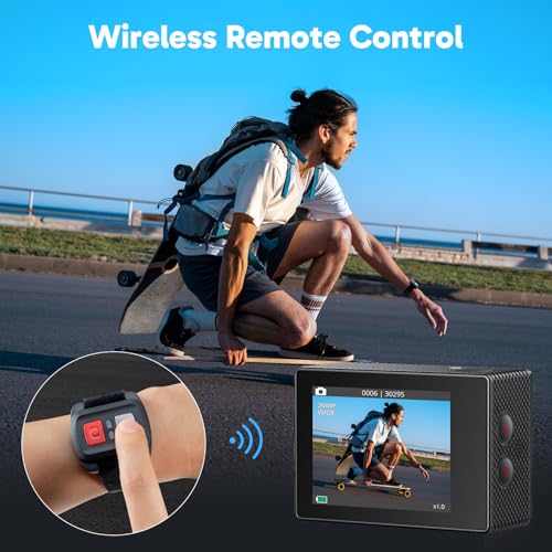 EK7000 4K30FPS 20MP WiFi Action Camera with 64GB MicroSD Memory Card Bundle EIS Ultra HD 131FT Waterproof Underwater Camera Remote Control 4X Zoom Support External Microphone Black
