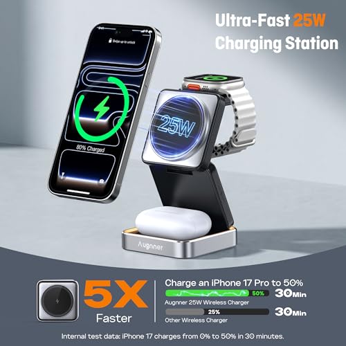 25W 3-in-1 Charging Station for Apple Device, Black Foldable Magnetic Wireless Charger, Fast Travel Charging Stand for iPhone17/16/15/14/13/12 Series, AiWatch/AirPods