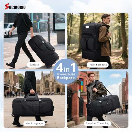 Tactical Travel Duffle Bag with Wheels and Handle 3 in 1 Large 85L XL Rolling Travelling Backpack Waterproof Oxford Carry On Hand Luggage Deployment Bags with Combination Padlock