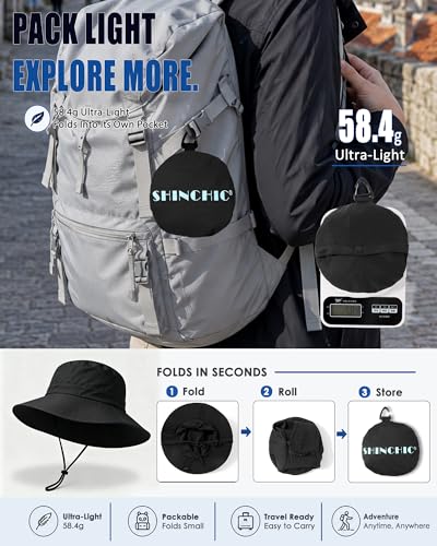 Water Resistant UPF 50+ Sun Bucket Hat Packable Brimmed for Women Men Black