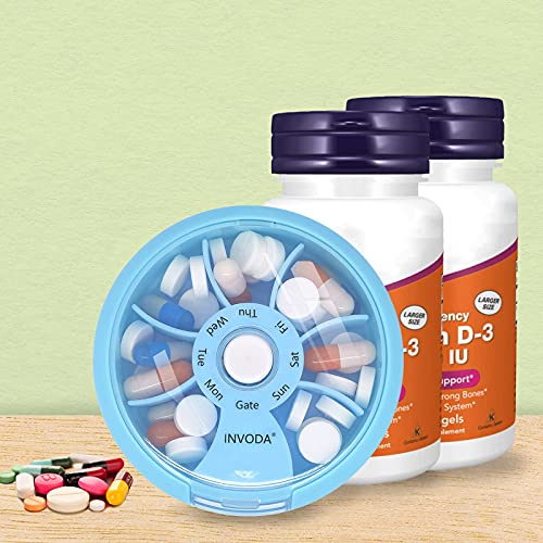Weekly Pill Organizer 7 Compartment Rotating Pill Box for Daily (7 Count)