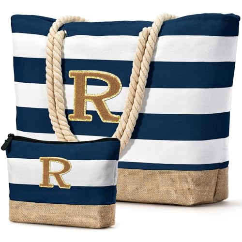 Beach Bag Initial Beach Tote with Makeup Bag for Travel