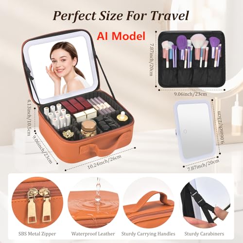 Travel Makeup Bag with Mirror & 6 Adjustable EVA Dividers