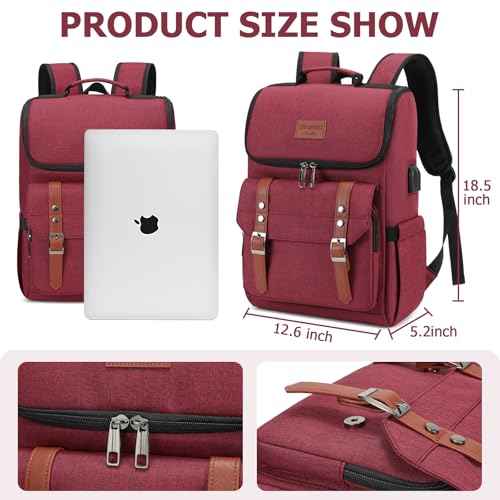 Vintage Backpack Travel Laptop Backpack with usb Charging Port for Women & Men College Backpack Fits 15.6 Inch Laptop Red Brown