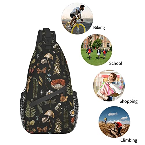 Sling Bag Vintage Mushroom Leaf Forest Hiking Daypack Crossbody Shoulder Backpack Travel Chest Pack for Men Women Over 12 Years Old
