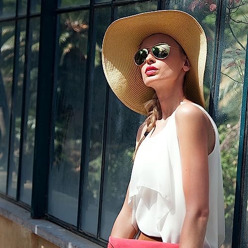 Womens Straw Hat Foldable Wide Brim Floppy Beach Sun Hat for Women Roll up Cap UPF 50+ Adjustable Strap Vacation