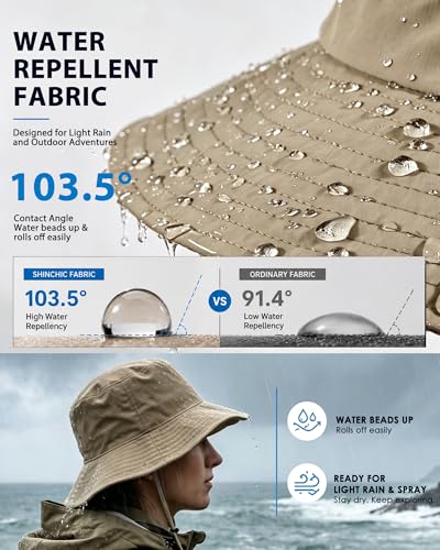 Water Resistant UPF 50+ Sun Bucket Hat Packable Brimmed for Women Men Khaki