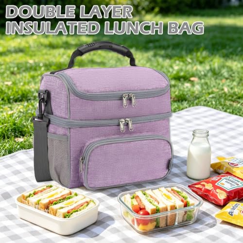Double Layer Cooler Insulated Lunch Bag Adult Lunch Box Large Tote Bag for Men (Purple)