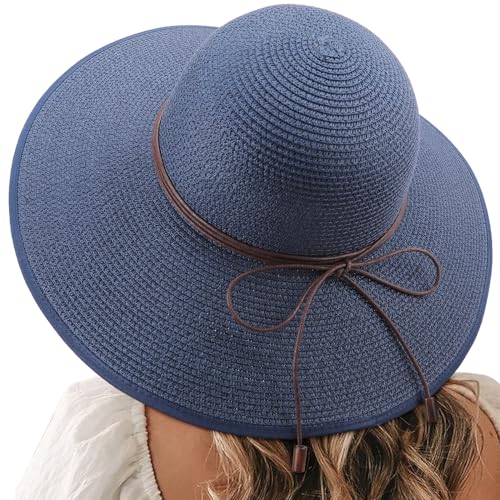 Womens Sun Straw Hat Bowknot Hat Summer Wide Brim Bucket Hats Foldable Beach Sun Hats Roll up UPF 50+