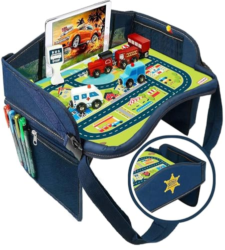 2-in-1 Kids Toddler Travel Tray & Back Seat Organizer — Foldable Waterproof Car Tray with Tablet Holder, Cup Holder, Storage Pockets for Road Trips & Airplane (Premium Blue)