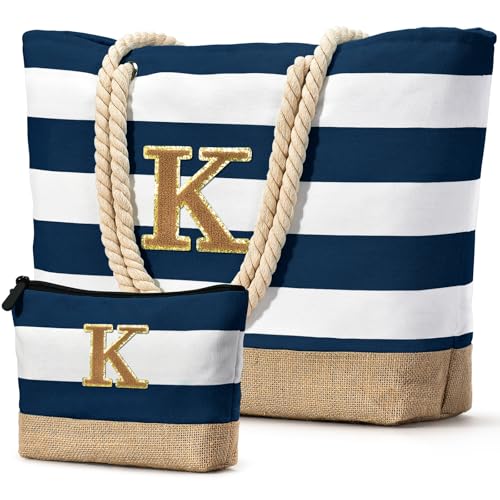 Beach Bag Initial Beach Tote with Makeup Bag for Travel