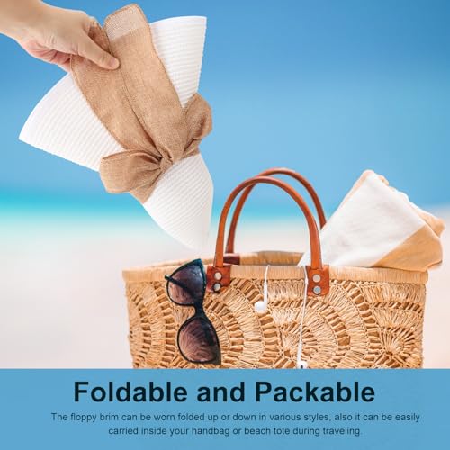 Womens Big Bowknot Straw Hat Foldable Sun Hats Floppy Beach Hat Large Roll up Cap UPF 50+