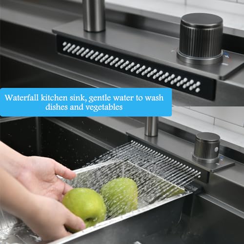 33 Inch Black Drop In Waterfall Kitchen Sink Workstation