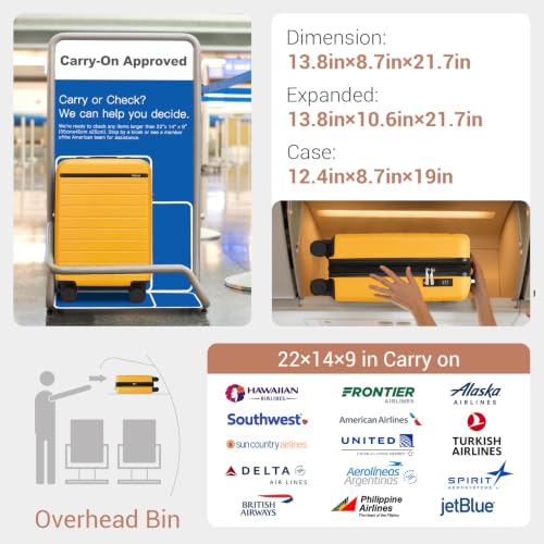 Carry On Suitcase 20in Expandable ABS+PC Airline Approved Yellow