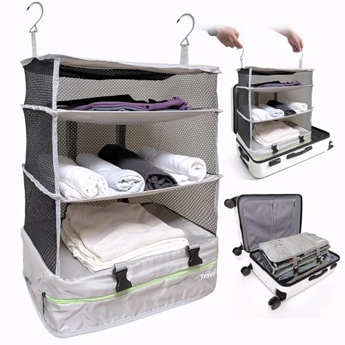 Stow-N-Go Hanging Travel Shelves, Packing Organizer for Luggage. Carry on Closet for Suitcase. Expandable Packing Cube. Travel Essentials. (Light Gray - XL, XL = (L) 17.7" x (W) 11.8")