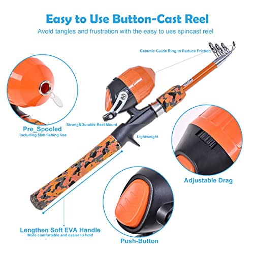 Kids Fishing Pole Set with Full Starter Kits 2 Set Portable Telescopic Fishing Rod and Spincast Reel Cambos with a Fishing Net and 2 Buckets for Boys Girls and Youth