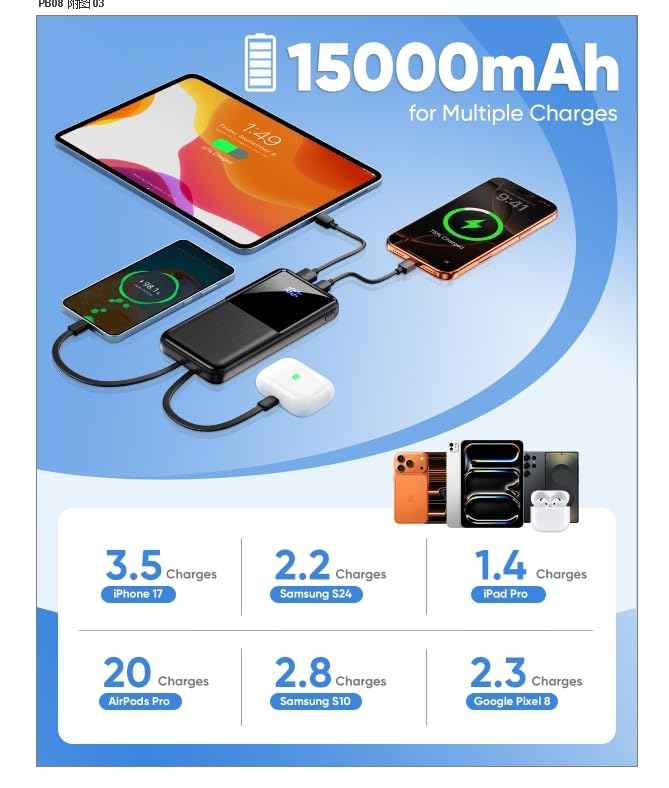 Portable Charger 15000mAh Slim Power Bank with Built in Cables