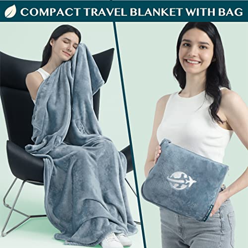 Compact 2-in-1 Travel Blanket Pillow for Airplane Flight, Blue