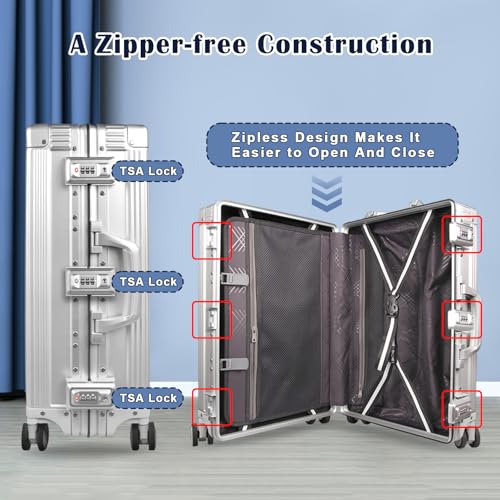 All Aluminum Carry On Luggage Hard Shell Luggage Aluminum Suitcase for Travel Zipperless Luggage Checked Luggage with Silent 360° Spinner Wheels 26 In