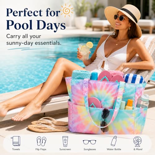 Waterproof Beach Tote Bag for Women Girls with Zipper Foldable Sandproof Pool Swim Bag Travel Carry On Gym