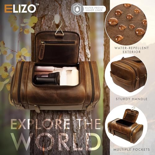 Genuine Leather Toiletry Bag for Men Mens Toiletry Bags for Traveling Waterproof Hanging Leather Dopp Kit w