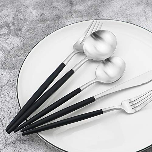 Black Handle Matte Silver Silverware Set