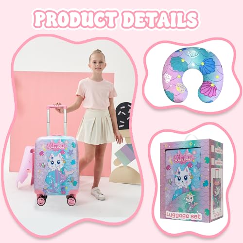Cute Cat Kid’s Luggage Set 2 Piece Suitcase Set 16" Hardside Luggage with Spinner Wheels Girls Carry on Toddler Travel Rolling Luggage Airline Approved (2 Count)