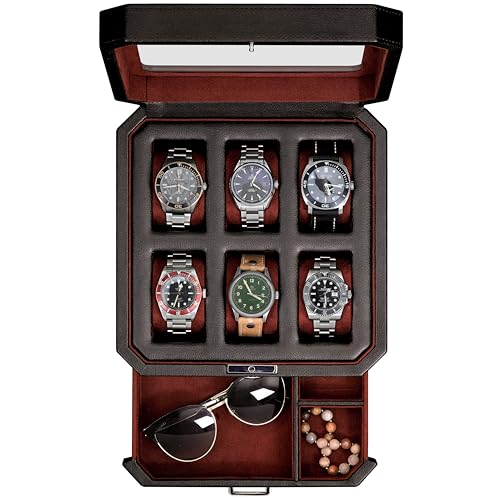 6 Slot Leather Watch Box with Valet Drawer