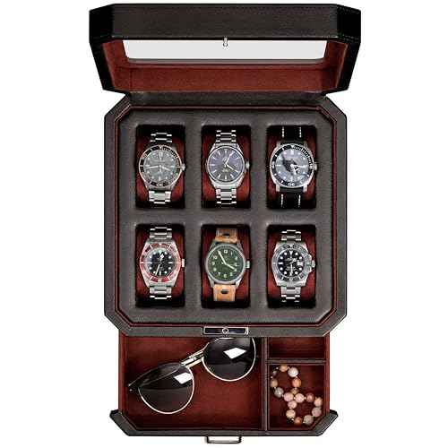 6 Slot Leather Watch Box with Valet Drawer