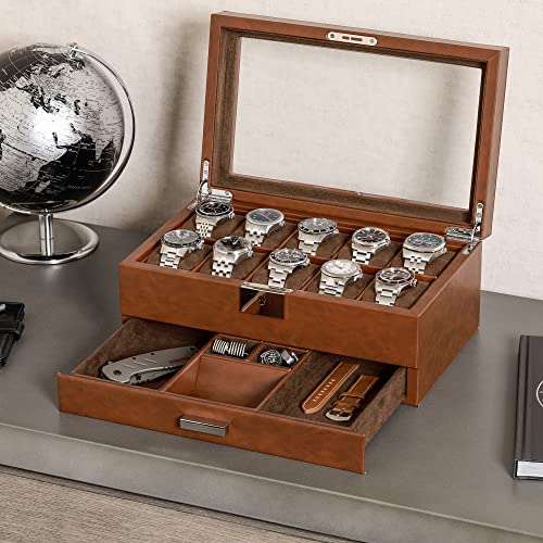 10 Slot Watch Box in Leather with Valet Drawer
