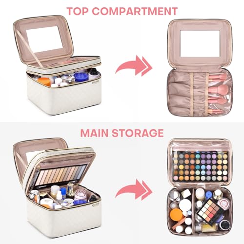 Large Makeup Bag with Mirror Double Layer Travel Make Up Organizer Case