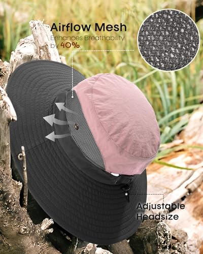 Womens Sun Hat with Ponytail Hole Beach Hiking Summer Wide Brim UPF 50+ Outdoor Protection Foldable Bucket Hat Pink