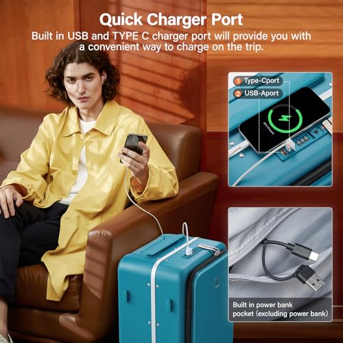 24 Inch Checked Luggage with Cup Holder and USB Ports