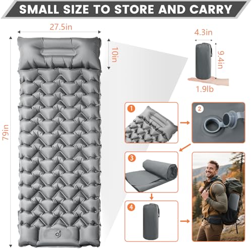 4 Inch 1.9 lb Backpacking Sleeping Pad with Fast Foot Pump