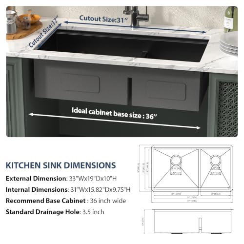 33 Inch Matte Black Double Bowl Kitchen Sinks