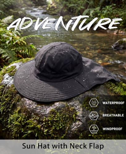 UPF 50+ Sun Hats for Men Women Wide Brim Fishing Hat with Neck Flap Summer Safari Beach Bucket UV Protection Cap for Hiking Gardening Black