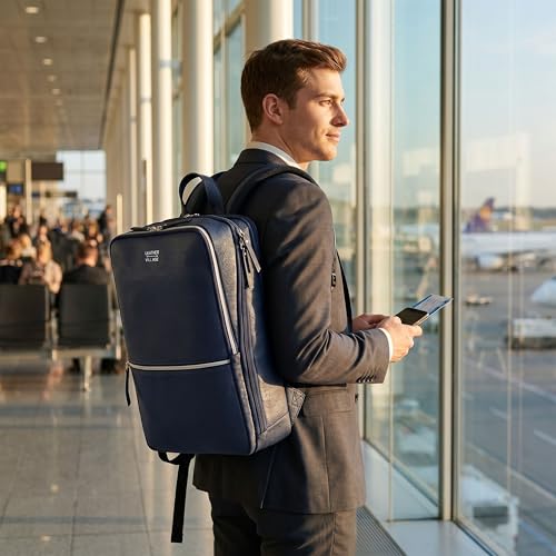 Leather Laptop Backpack for Men with Trolley Strap 16L Blue