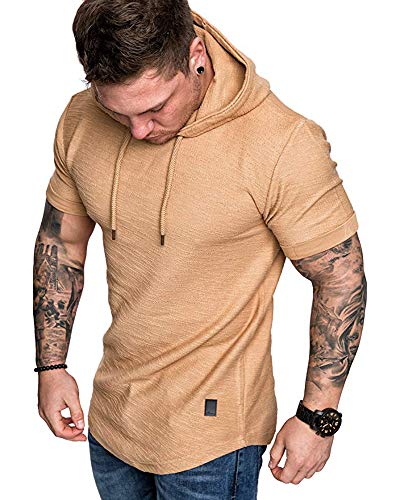 Mens Fashion Hoodies Sport Pullover Solid Color Shirt Workout Lightweight Tops Khaki Large