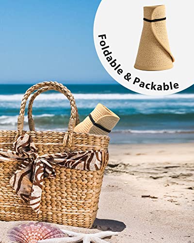 Womens Sun Hat with Ponytail Hole Wide Brim Beach Straw Visor